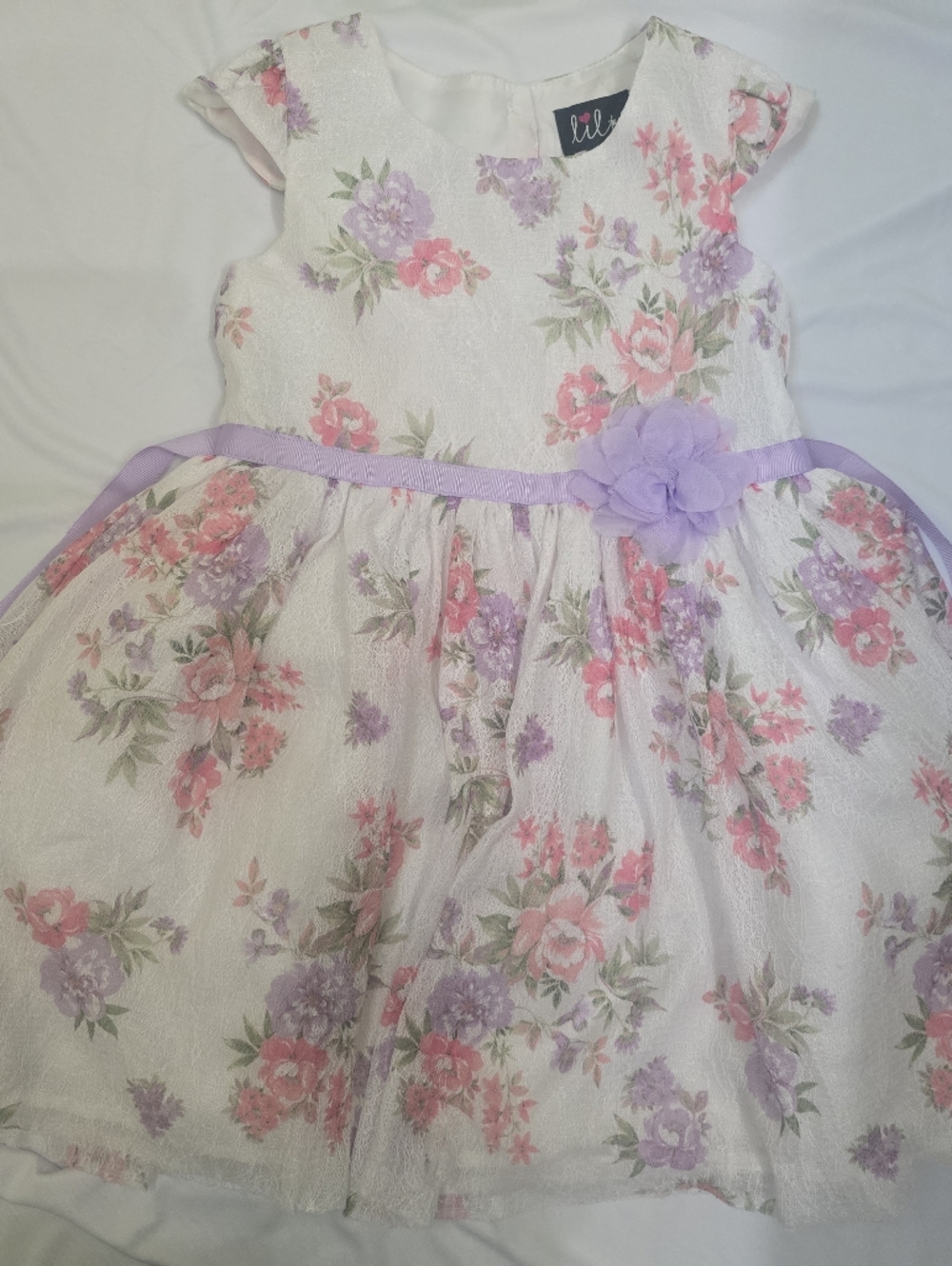 Floral Pastel Girls Dress with Lavender Ribbon